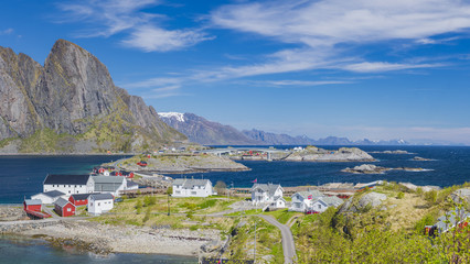 Fototapeta na wymiar Island of Hamnoy, in northern Norway. The Norwegian fishing village with the typical rorbu houses.