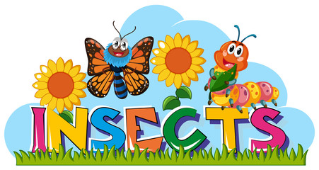 Fototapeta premium Wordcard for insects with butterfly and caterpillar