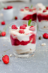 Tiramisu with raspberry in glasses on grey background. Three portion. Italian dessert