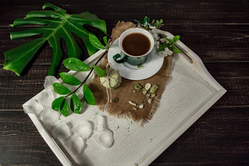 A cup of coffee on a white tray with branch of blossomed cherry and monstera leaf