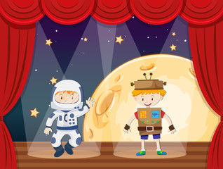 Astronaut and robot on stage