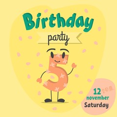 Cute illustration, invitation for a birthday. A cartoon figure.