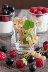 Assorted berries, currants,raspberries,strawberries. White currants in the glass. In the background yorgut with berries