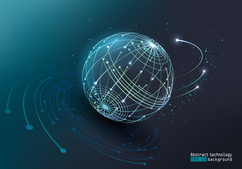 Obraz premium Vector glowing light effect. Abstract image of a planet made of dots and lines. Stars, comets and satellites. Digital space. Communication, Internet and technology. Blue background.
