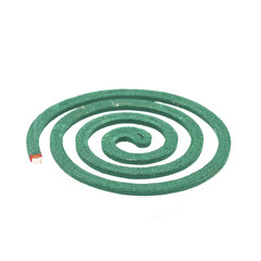 Coil of green mosquito repellent on white background