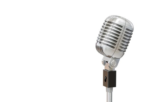 3D rendered illustration of silver retro microphone. Isolated on white background.