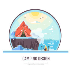 Flat style design of winter seaside landscape and camping tent