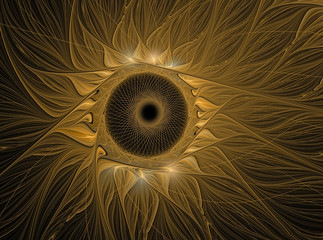 Abstract fractal flower computer generated image. Gold sunflower on black background