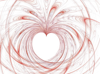 Abstract fractal computer generated image. White heart in red swirl. Copy space
