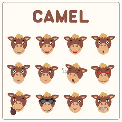 Obraz premium Emoticons set face of camel in cartoon style. Collection isolated funny muzzle camel with different emotion.