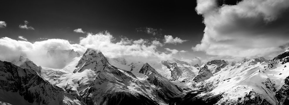 Fototapeta Black and white panorama of snow mountain at winter day