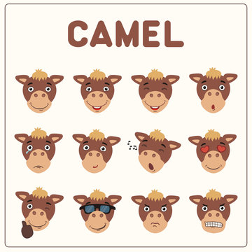 Emoticons set face of camel in cartoon style. Collection isolated funny muzzle camel with different emotion.