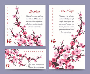 Sakura blossoms cards templates. Vector japanese blossoming pink cherry flowers invitation set for marriage or wedding banners