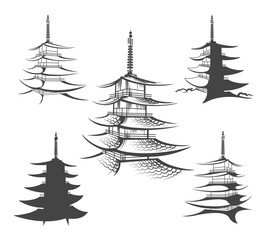 Asian hand drawn pagoda vector illustration. Japanese traditional home or chinese buddhist house architecture isolated on white background - obrazy, fototapety, plakaty