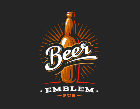 Beer bottles logo, emblem design on dark background