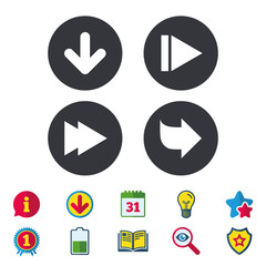 Arrow icons. Next navigation arrowhead signs. Direction symbols. Calendar, Information and Download signs. Stars, Award and Book icons. Light bulb, Shield and Search. Vector
