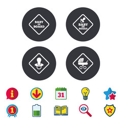 Baby on board icons. Infant caution signs. Child buggy carriage symbol. Calendar, Information and Download signs. Stars, Award and Book icons. Light bulb, Shield and Search. Vector