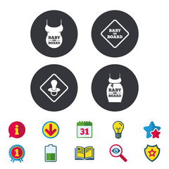 Baby on board icons. Infant caution signs. Child pacifier nipple. Pregnant woman dress with big belly. Calendar, Information and Download signs. Stars, Award and Book icons. Vector