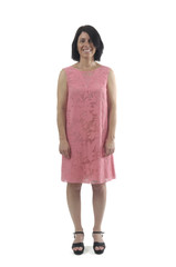 A woman with pink dress and white background