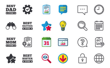Best mom and dad, brother and sister icons. Award with exclamation symbols. Chat, Report and Calendar signs. Stars, Statistics and Download icons. Question, Clock and Globe. Vector