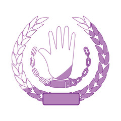 wreath of leaves with hand with handcuffs icon over white background vector illustration