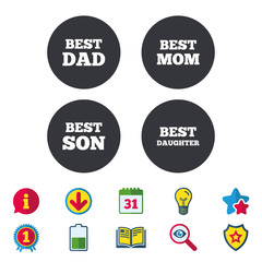 Best mom and dad, son and daughter icons. Award symbols. Calendar, Information and Download signs. Stars, Award and Book icons. Light bulb, Shield and Search. Vector