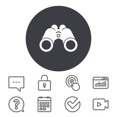 Binoculars icon. Find software sign. Spy equipment symbol. Calendar, Locker and Speech bubble line signs. Video camera, Statistics and Question icons. Vector