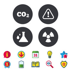 Attention and radiation icons. Chemistry flask sign. CO2 carbon dioxide symbol. Calendar, Information and Download signs. Stars, Award and Book icons. Light bulb, Shield and Search. Vector