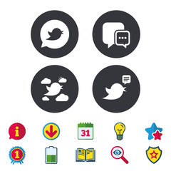 Birds icons. Social media speech bubble. Short messages chat symbol. Calendar, Information and Download signs. Stars, Award and Book icons. Light bulb, Shield and Search. Vector