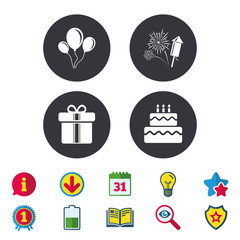 Birthday party icons. Cake and gift box signs. Air balloons and fireworks symbol. Calendar, Information and Download signs. Stars, Award and Book icons. Light bulb, Shield and Search. Vector