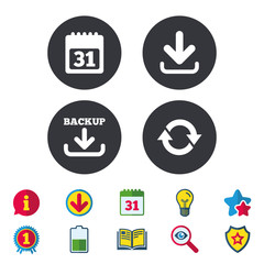 Download and Backup data icons. Calendar and rotation arrows sign symbols. Calendar, Information and Download signs. Stars, Award and Book icons. Light bulb, Shield and Search. Vector