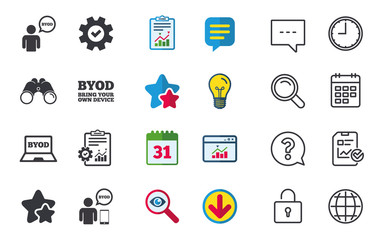 BYOD icons. Human with notebook and smartphone signs. Speech bubble symbol. Chat, Report and Calendar signs. Stars, Statistics and Download icons. Question, Clock and Globe. Vector