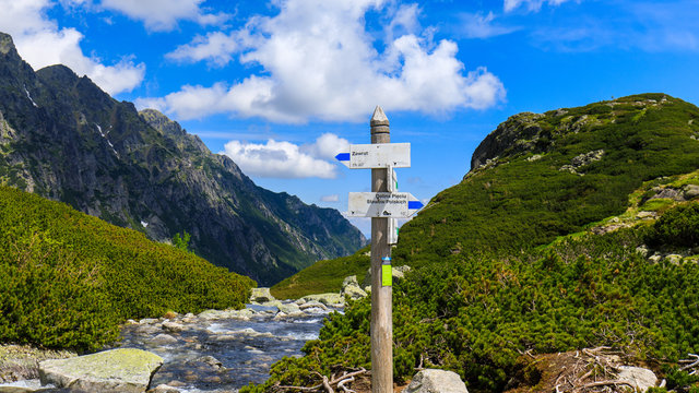 Signpost in Tatra Mountains in summer, Poland, Europe