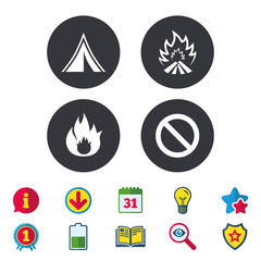 Tourist camping tent icon. Fire flame and stop prohibition sign symbols. Calendar, Information and Download signs. Stars, Award and Book icons. Light bulb, Shield and Search. Vector
