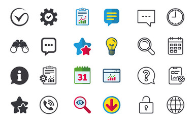 Check or Tick icon. Phone call and Information signs. Support communication chat bubble symbol. Chat, Report and Calendar signs. Stars, Statistics and Download icons. Question, Clock and Globe. Vector