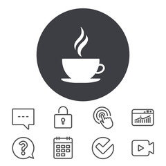 Coffee cup sign icon. Hot coffee button. Hot tea drink with steam. Calendar, Locker and Speech bubble line signs. Video camera, Statistics and Question icons. Vector