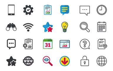 Communication icons. Smartphone and chat speech bubble symbols. Wifi and internet globe signs. Chat, Report and Calendar signs. Stars, Statistics and Download icons. Question, Clock and Globe. Vector