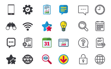 Fototapeta premium Communication icons. Smartphone and chat speech bubble symbols. Wifi and internet globe signs. Chat, Report and Calendar signs. Stars, Statistics and Download icons. Question, Clock and Globe. Vector