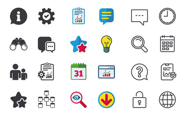 Information sign. Group of people and database symbols. Chat speech bubbles sign. Communication icons. Chat, Report and Calendar signs. Stars, Statistics and Download icons. Question, Clock and Globe