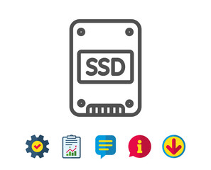 SSD icon. Solid-state drive sign. Storage disk symbol. Report, Service and Information line signs. Download, Speech bubble icons. Editable stroke. Vector