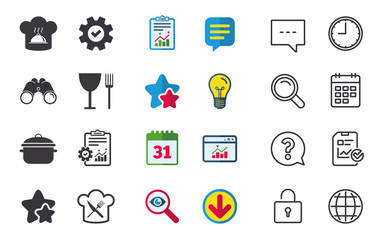 Chief hat and cooking pan icons. Crosswise fork and knife signs. Boil or stew food symbols. Chat, Report and Calendar signs. Stars, Statistics and Download icons. Question, Clock and Globe. Vector