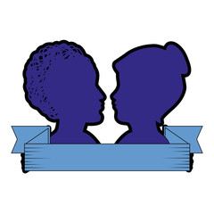 decorative ribbon with silhouette of womens heads icon over white background vector illustration