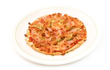 Delicious pizza inside dish isolated