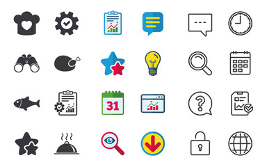 Chief hat with heart and cooking pan icons. Fish and chicken signs. Hot food platter serving symbol. Chat, Report and Calendar signs. Stars, Statistics and Download icons. Question, Clock and Globe