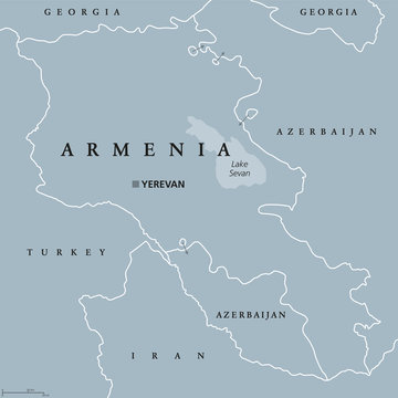 Armenia political map with capital Yerevan. Republic and sovereign state and in South Caucasus and Middle East region. Gray illustration isolated on white background. English labeling. Vector.