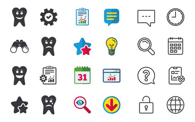 Tooth happy, sad and crying faces icons. Dental care signs. Healthy or unhealthy teeth symbols. Chat, Report and Calendar signs. Stars, Statistics and Download icons. Question, Clock and Globe. Vector