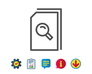 Search Documents line icon. File with Magnifying glass sign. Paper page concept symbol. Report, Service and Information line signs. Download, Speech bubble icons. Editable stroke. Vector