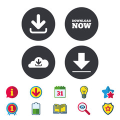 Fototapeta premium Download now icon. Upload from cloud symbols. Receive data from a remote storage signs. Calendar, Information and Download signs. Stars, Award and Book icons. Light bulb, Shield and Search. Vector