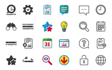 E-Cigarette with plug icons. Electronic smoking symbols. Speech bubble sign. Chat, Report and Calendar signs. Stars, Statistics and Download icons. Question, Clock and Globe. Vector