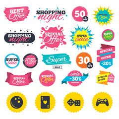 Naklejka premium Sale shopping banners. Bowling and Casino icons. Video game joystick and playing card with dice symbols. Entertainment signs. Web badges, splash and stickers. Best offer. Vector